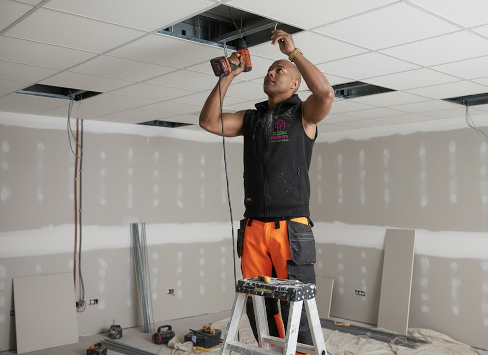 Plafond en dalles minérales sur ossature visible