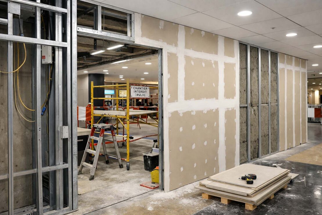 Cloison en plaques de plâtre BA13/BA15 en cours de pose