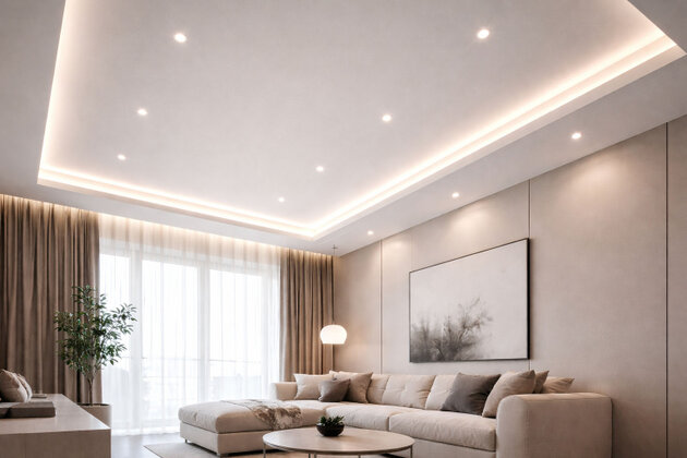 Plafond acoustique avec éclairage intégré dans une boutique