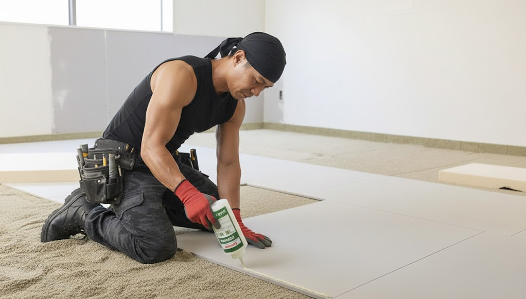Pose de panneaux de chape sèche